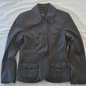 Esprit Black Leather Jacket Tailored Notched Lapels